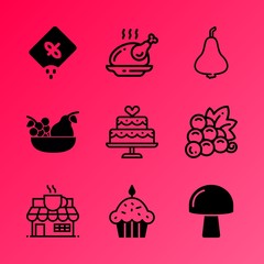 Vector icon set about food with 9 icons related to ceremony, path, breakfast, beverage, break, business, relax, gourmet, cabbage and vegetables