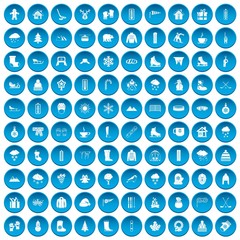 100 winter icons set in blue circle isolated on white vector illustration