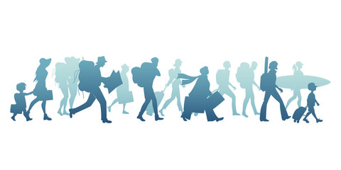 Silhouettes of tourists walking carrying suitcases, backpacks and surfboards.