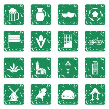 Netherlands icons set in grunge style green isolated vector illustration