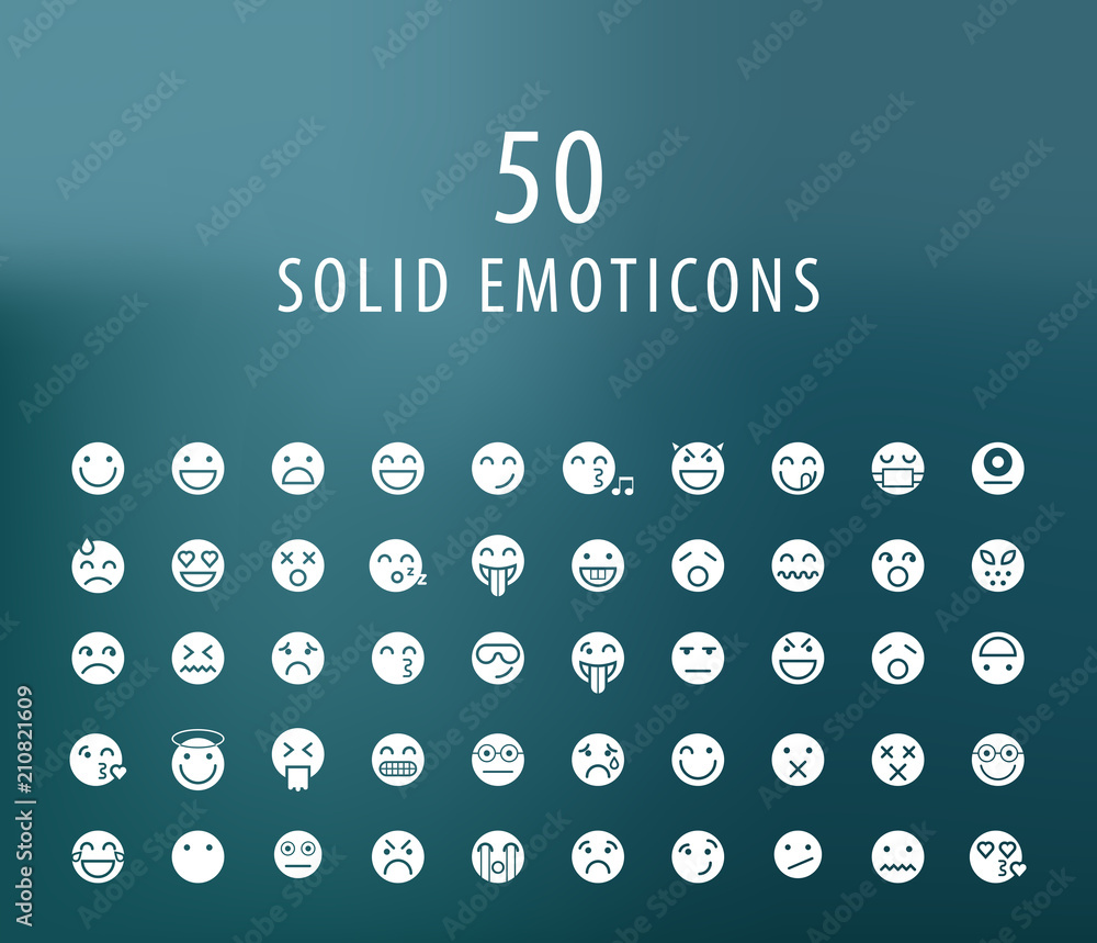 Poster set of 50 universal solid emoticons icons on dark background . isolated elements