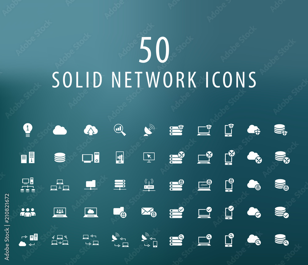 Poster set of 50 universal solid network icons on dark background . isolated elements