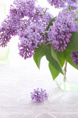 Bouquet or purple lilac is standing in green glass vase and small inflorescence is lying on flax tablecloth.