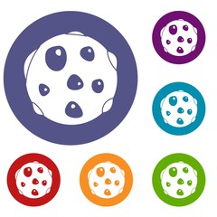 Alone planet icons set in flat circle red, blue and green color for web
