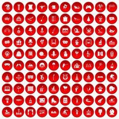 100 amusement icons set in red circle isolated on white vector illustration