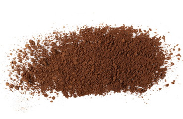 Cocoa powder pile isolated on white background, top view