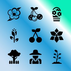 Vector icon set about gardening with 9 icons related to decor, seed, ingredient, celebration, summer, health, beginning, spade, small and young