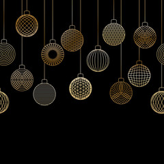 Decorative seamless border made of golden Christmas ball toys hanging on black background