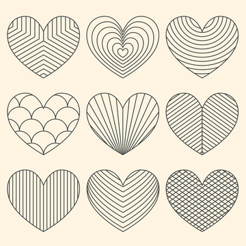 Linear minimalistic art deco heart set