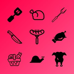 Vector icon set about kitchen with 9 icons related to various, dill, different, bratwurst, group, cuisine, menu, abstract, internet and utensils