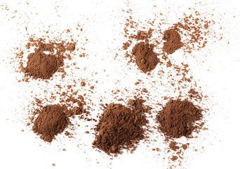 Cocoa powder pile isolated on white background, top view