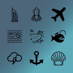 Obraz premium Vector icon set about sea with 9 icons related to young, technology, kitchen, vector, day, snail, steel, swim, skyscraper and cyclone