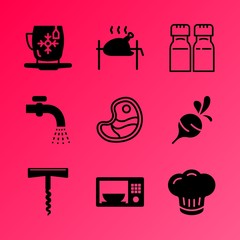 Vector icon set about kitchen with 9 icons related to young, breakfast, flow, bowl, fork, wood, cartoon, fitness, hat and aromatic