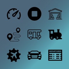 Vector icon set about transport with 9 icons related to people , home, technology, traveler, railway, human, indoor, not, historic and warehouse