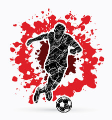 Soccer player shooting a ball action designed on splatter color background graphic vector