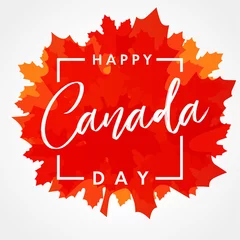 Fotobehang Happy Canada Day lettering on maple leaf banner. Canada Day, national holiday 1st of july with vector text on red maple leaf. Celebrating Canadian anniversary of independence of 1867 years © koltukovs