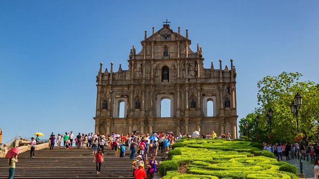 4K Timelapse of the Ruins of St. Paul's are the ruins of a 17th-century complex in Santo Ant&oacute;nio, Macau, China. It is the Portuguese church which are well known in Macau.