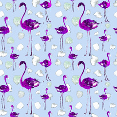 Watercolor Seamless Pattern With Flamingo and Dots. Exotic Summer Beach Motif. Swimwear Design, Wrapping, Background, Wallpaper, Fabric. Hawaiian Print. Jungle Birds Repeated Ornament. Africa.