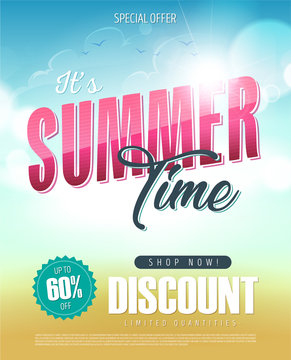 Summer Time Holiday Sale Banner/
Illustration of a summer sale template banner with colorful elements, sand and sky background