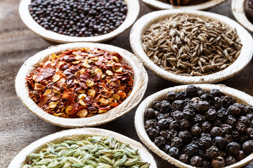 Group of indian spices in coconut bowls on wooden background