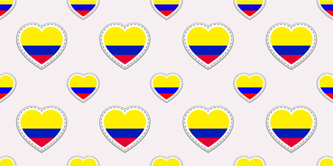 Colombia background. Colombian flag seamless pattern. Vector stickers. Love hearts symbols. For sports pages, travel, school geographic, cartographic design elements. Traditional patriotic wallpaper