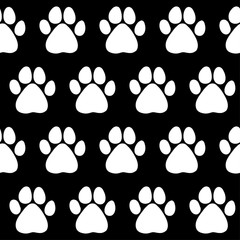 Fototapeta premium Doodle dog paw seamless pattern background. Abstract dog paw track swatch for card, invitation, veterinarian clinic poster, textile, bag print, modern workshop advertising etc.