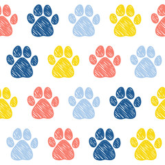Doodle dog paw seamless pattern background. Abstract dog paw track swatch  for card, invitation, veterinarian clinic poster, textile, bag print, modern workshop advertising etc. © vanillamilk