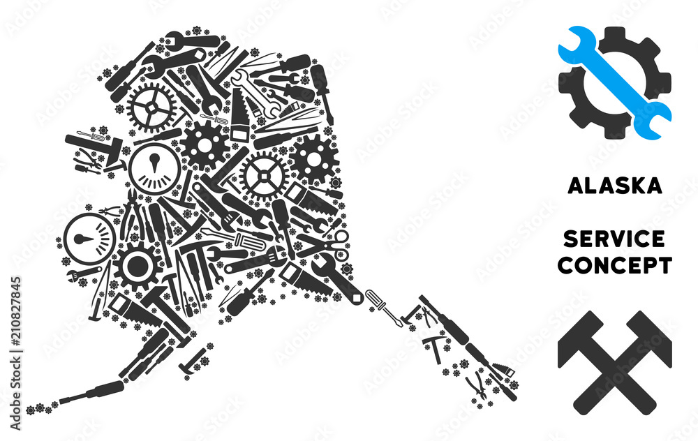 Poster repair service alaska map composition of tools. abstract geographic scheme in gray color. vector ala