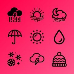Vector icon set about weather with 9 icons related to wear, damage, gray, sunrise, overlay, plant, zigzag, bolt, meteorology and mysterious
