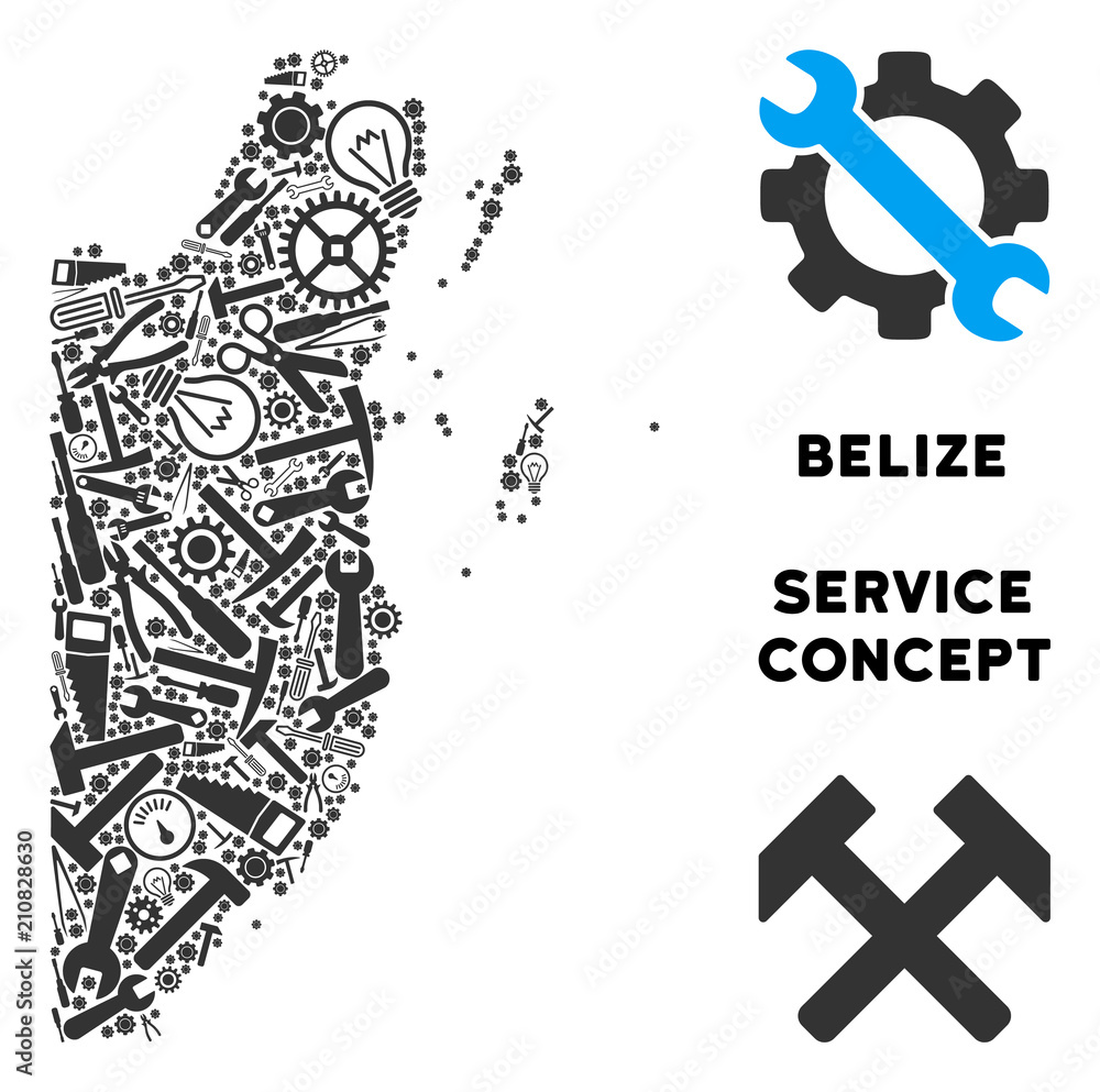 Poster repair service belize map mosaic of instruments. abstract territorial plan in grey color. vector bel
