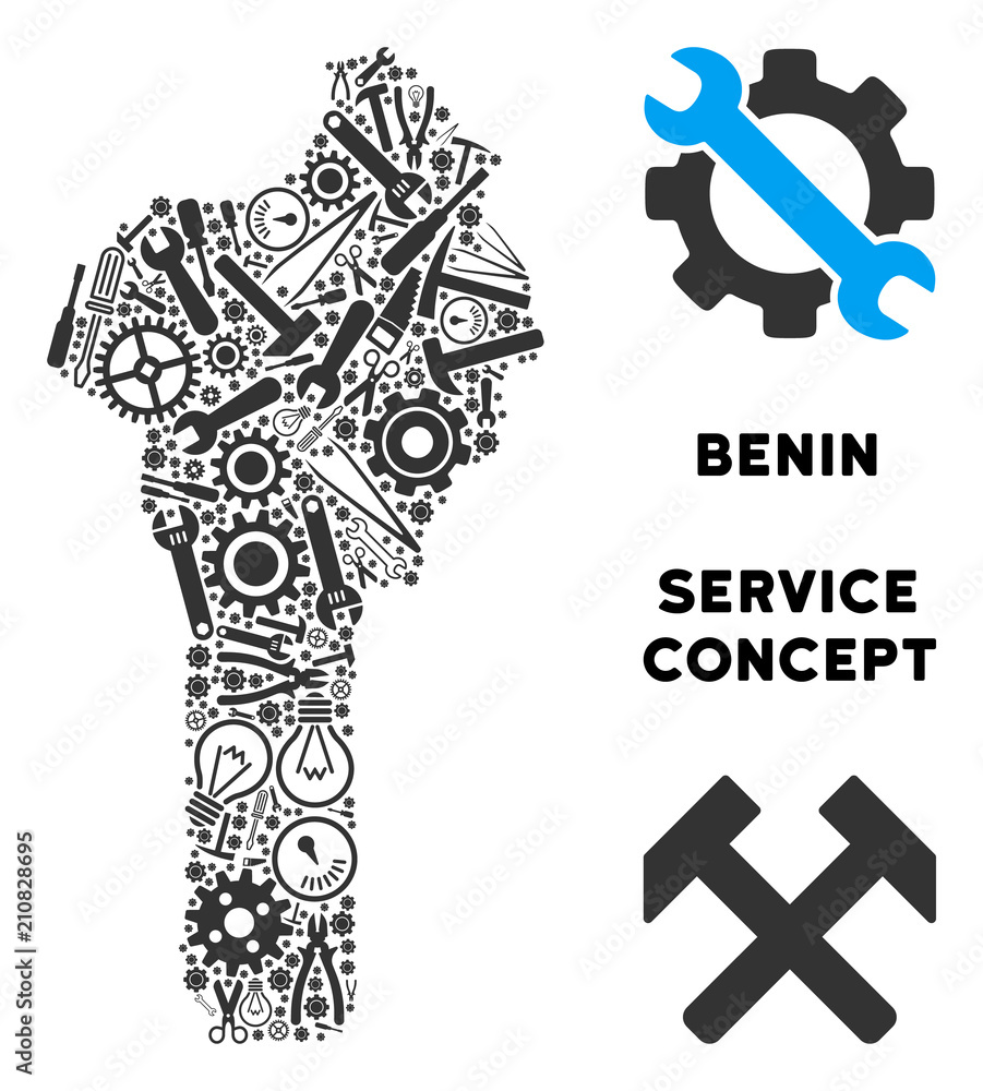Aufkleber repair workshop benin map mosaic of instruments. abstract territory scheme in gray color. vector ben