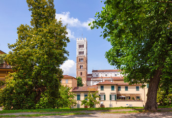 Lucca cityscape from  old town walls Tuscany Italy - obrazy, fototapety, plakaty
