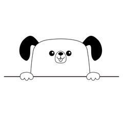 Dog happy face head icon. Hands paw holding table line. Cute cartoon pooch character. Contour silhouette. Kawaii animal. Funny baby puppy. Love card. Flat design. Isolated White background