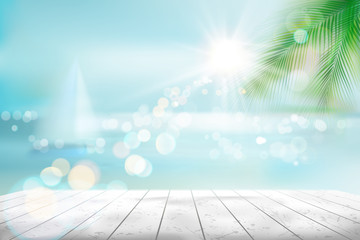 View of a tropical beach with a sailboat. Vector Illustration. 