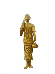 Golden monk stand statue isolated on white background