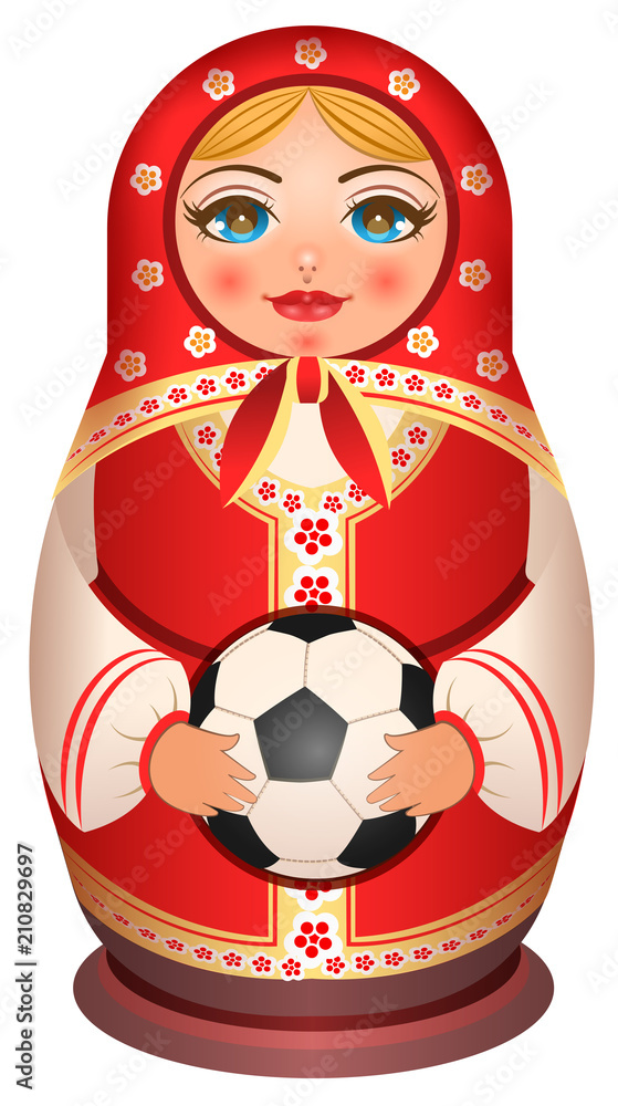 Wall mural Russian nesting doll Matryoshka holds soccer ball