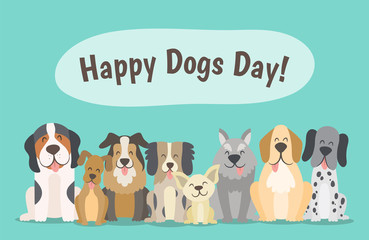 Happy dogs day concept. Pack of happy dogs sitting in front view position. Cartoon vector illustration.
