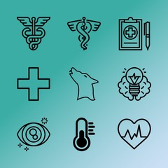 Vector icon set about medicine with 9 icons related to closeup, transparent, church, look, ecg, research, isolated, weather, flat and pharmaceutical