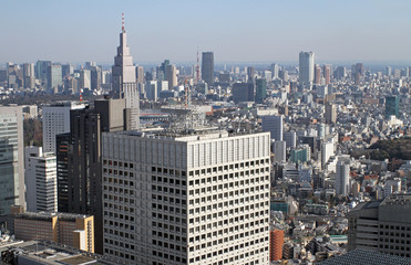 Shinjuku financial district viewed from above Tokyo, Japan. The district is a major commercial and administrative center. Aerial View from Tokyo and skyscrapers.Tokyo Metropolitan Government Building