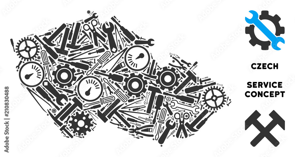 Poster service czech map composition of tools. abstract territorial scheme in gray color. vector czech map 
