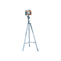 Watercolor hand drawn sketch illustration of camera with tripod isolated on white
