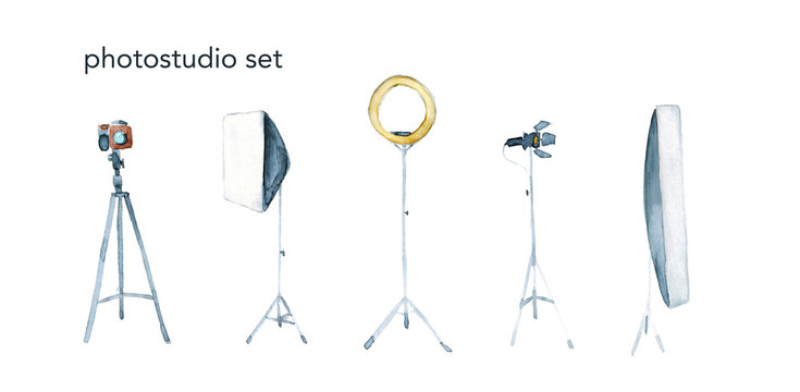 Watercolor hand drawn sketch illustration photoshoot set with camera, tripod and studio lighting isolated on white