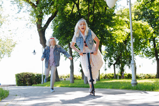 Too fast. Nice bearded man running after his wife while trying to reach her