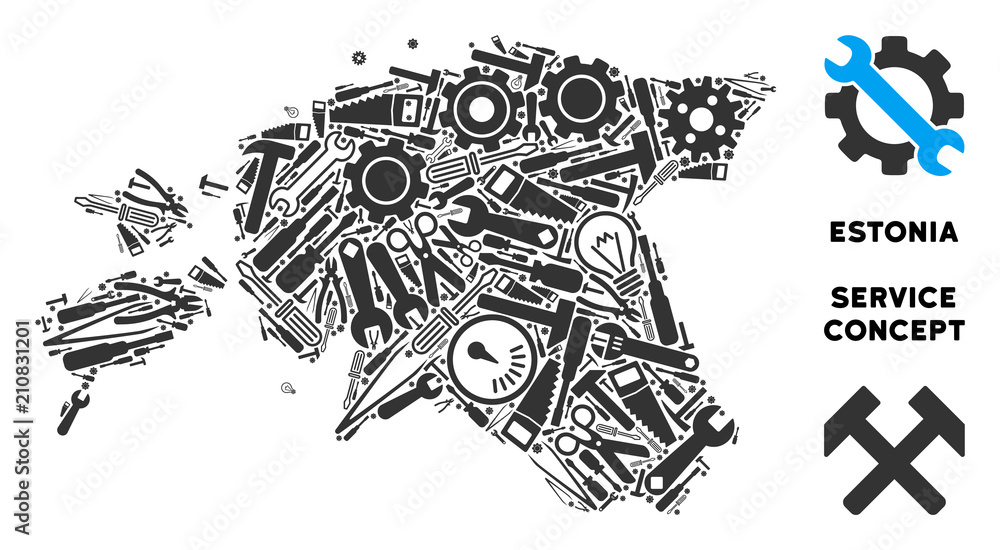 Poster repair service estonia map mosaic of instruments. abstract geographic plan in grey color. vector est