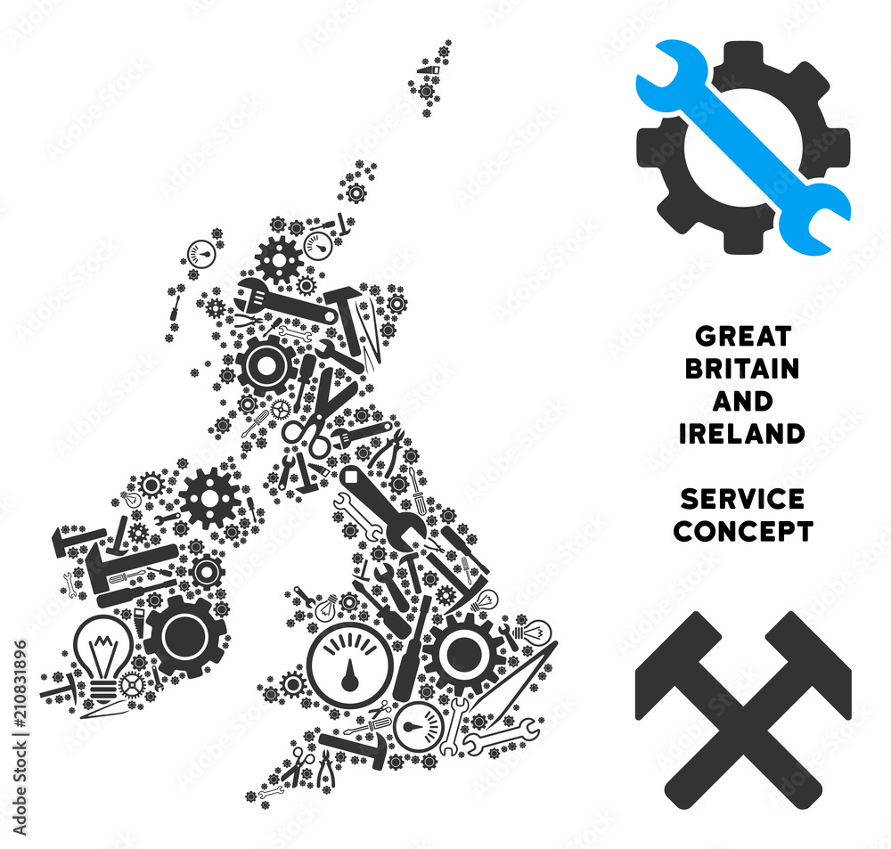 Aufkleber service great britain and ireland map collage of instruments. abstract geographic scheme in gray col