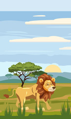 Obraz na płótnie Canvas Cute cartoon lion on background landscape savannah Africa illustration, vector, isolated