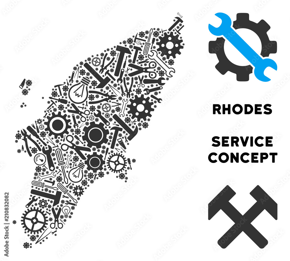 Poster service greek rhodes island map mosaic of instruments. abstract territory scheme in grey color. vect