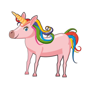 Cute cartoon unicorn on background white illustration, vector, isolated