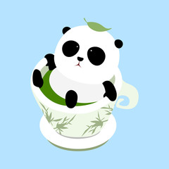 Vector Illustration: A cute cartoon giant panda lying in a cup of Chinese green tea on a mat, enjoying taking a bath in thermal spring / hot spring, a leaf of tea fall down on panda`s head.