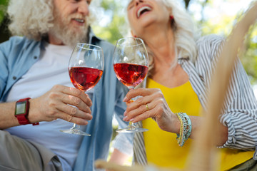 Tasty drink. Selective focus of wine glasses being held by cheerful positive couple